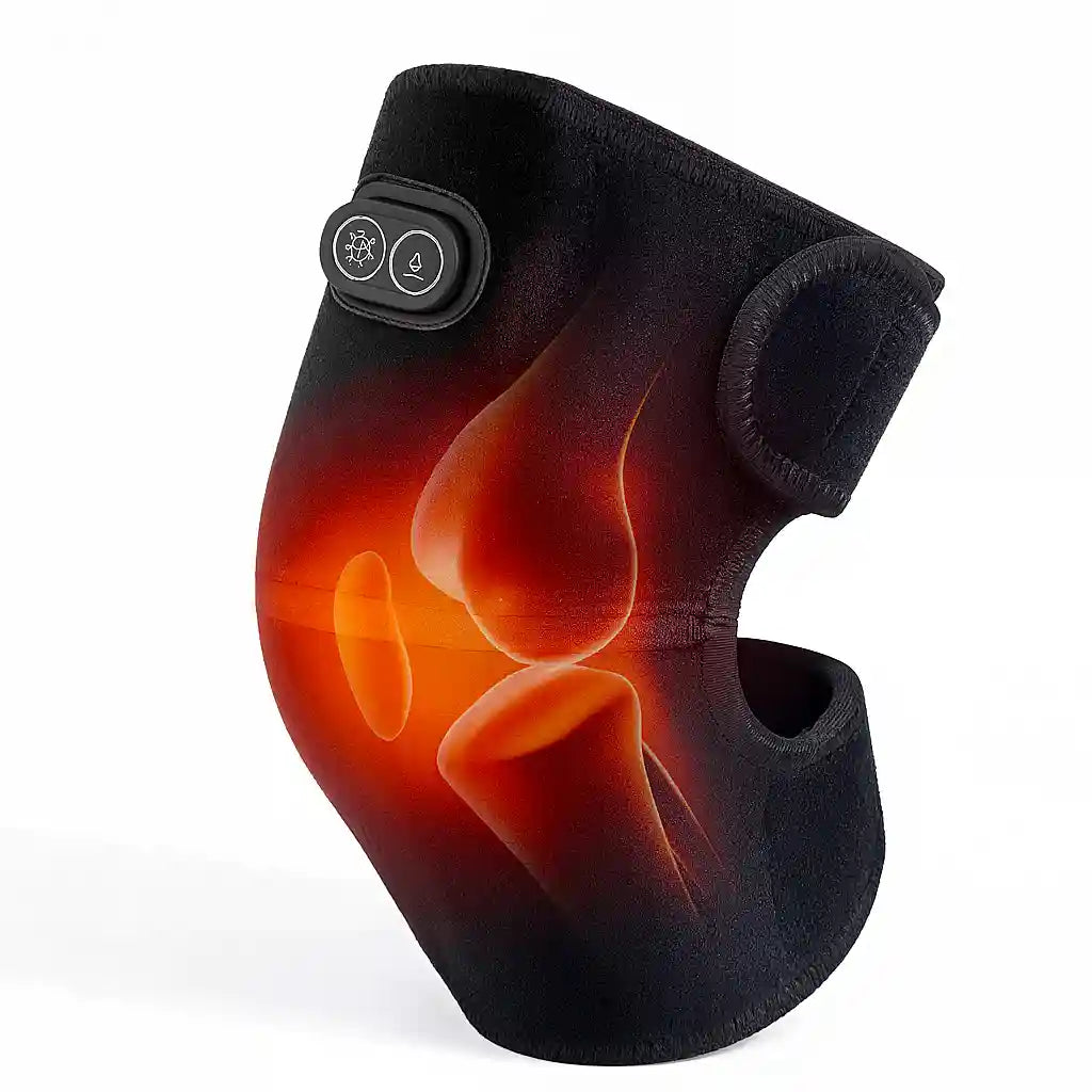 Attelle thérapeutique 3-en-1 FlexiTherapy™ en néoprène, montrant son application sur le genou avec illustration de la chaleur et du massage pour le soulagement de la douleur.