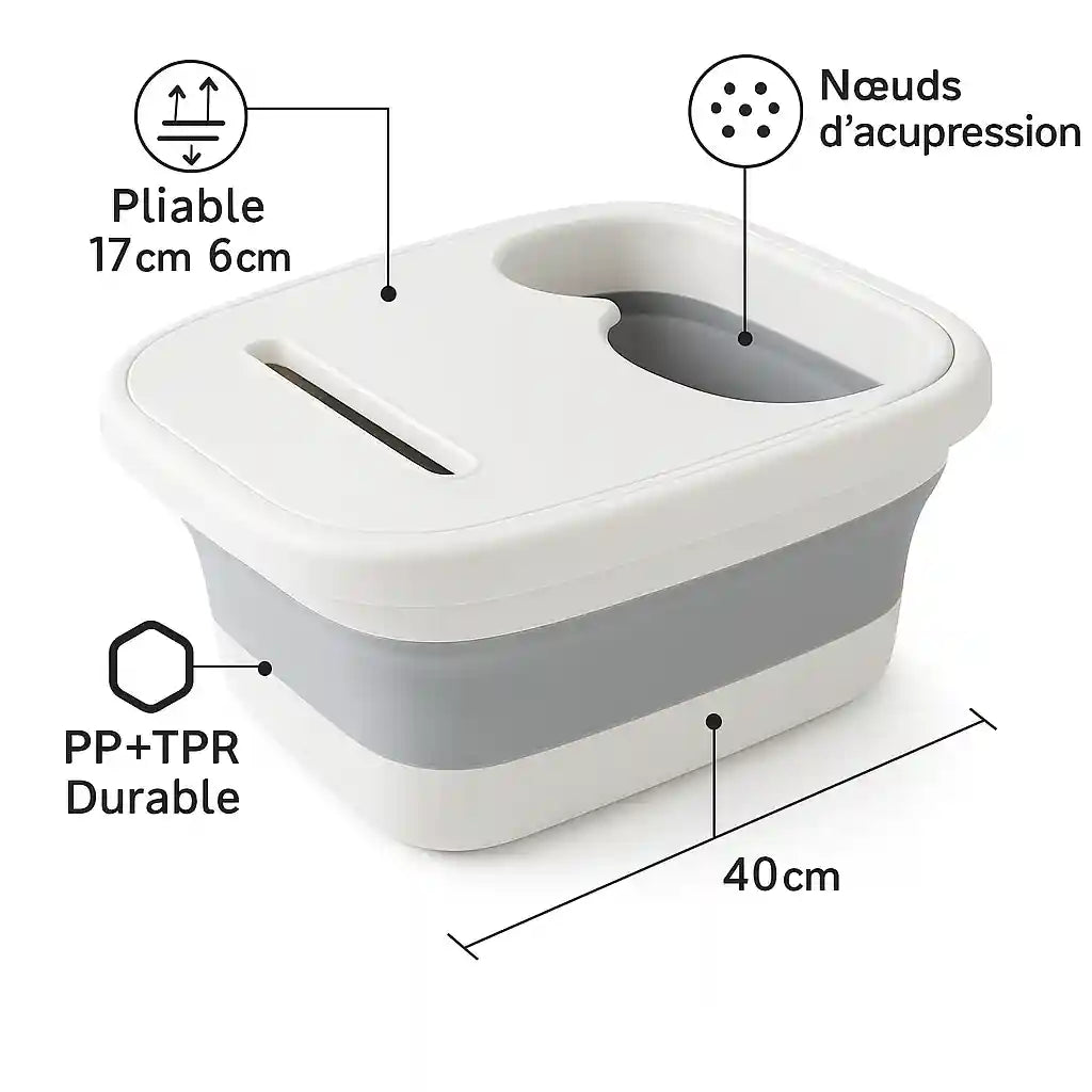 Schéma technique du Bain de Pieds Pliable AquaRetreat™ : dimensions plié (6cm) et déplié (17cm), longueur 40cm, matière PP+TPR durable, et nœuds d'acupression.