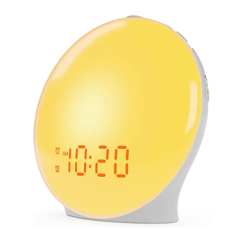 Lampe de luminothérapie LumiÉveil™ blanche avec écran d'affichage de l'heure, simulant un lever de soleil lumineux pour un réveil en douceur.