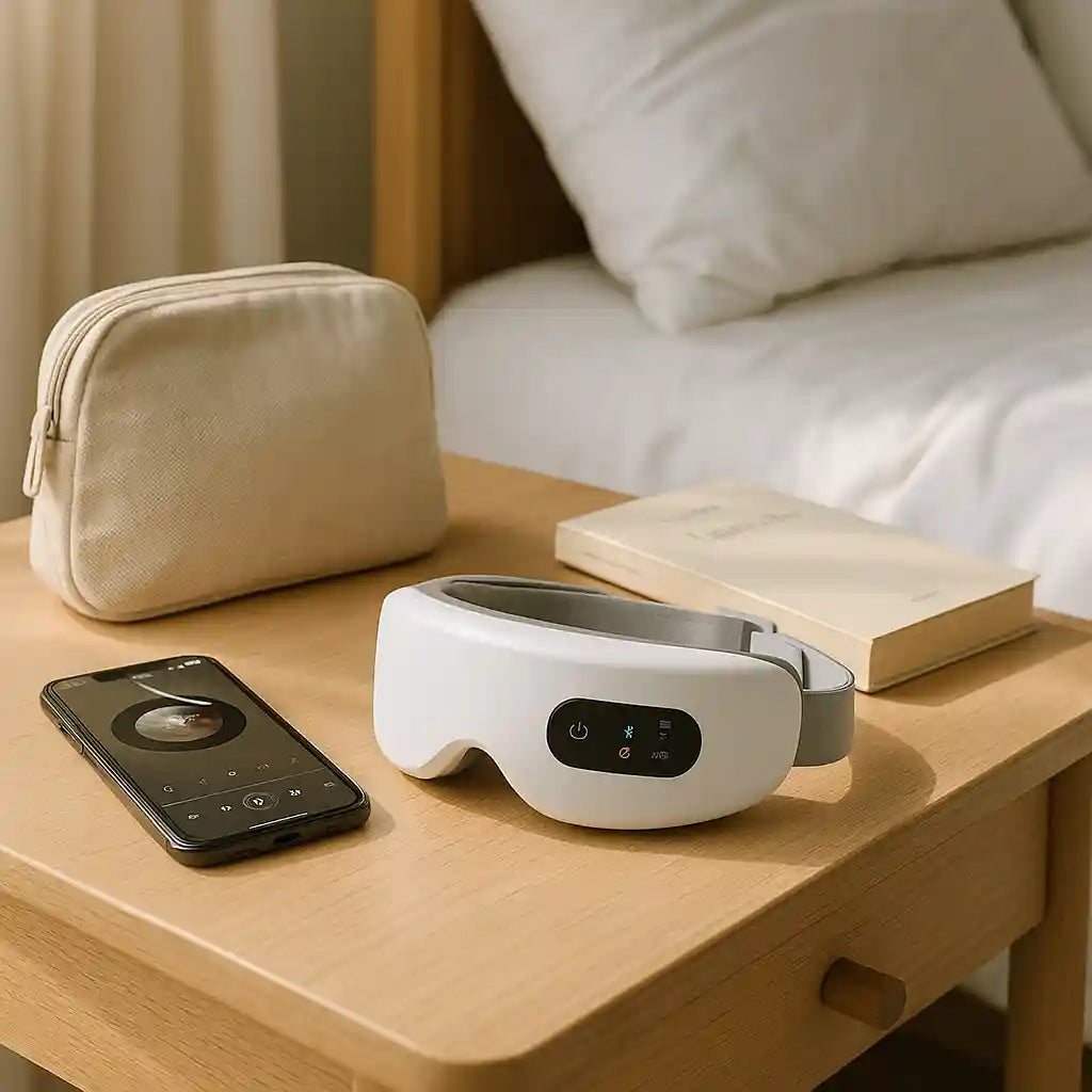 Le masseur oculaire AuraPress™ posé sur une table de chevet, prêt pour un rituel de relaxation avant de dormir.